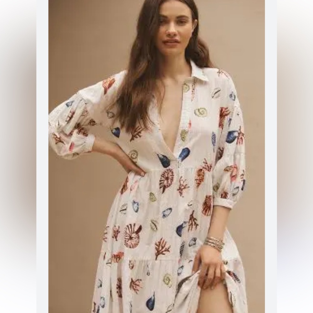 Anthropologie The Carolita Printed Tiered Shirt Dress sea motif nwot